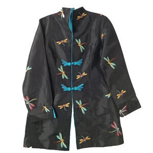 Vintage Style Dragonfly Embroidered Jacket Set blue Black Asian Inspired Top